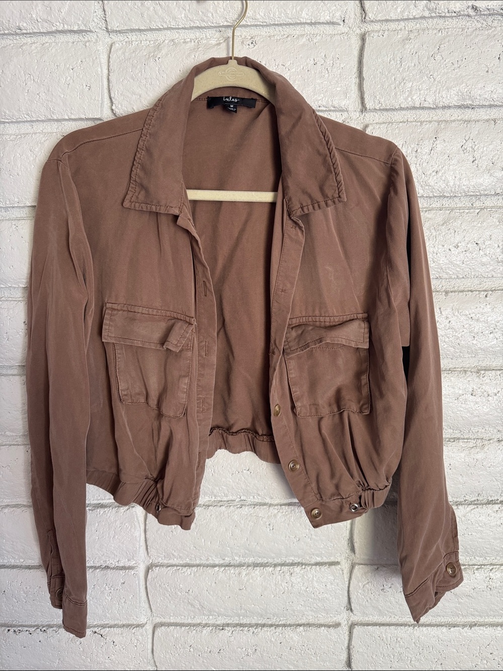 Lulu's Cropped Brown Utility Jacket with Pleated Hem